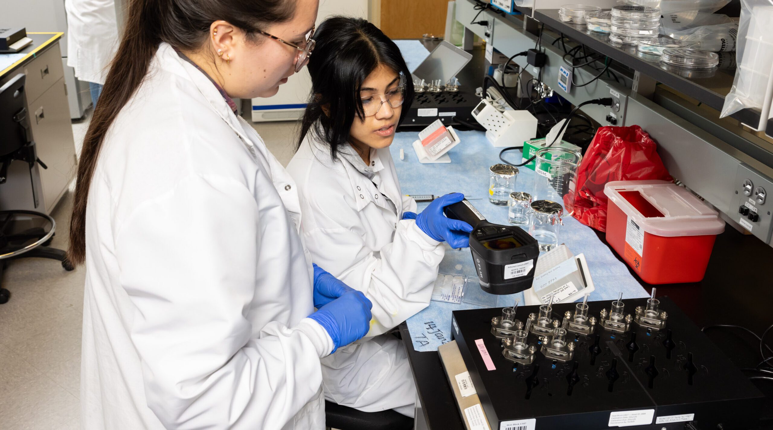 Scientist performing in vitro permeation testing (IVPT) using diffusion cells in pharmaceutical laboratory